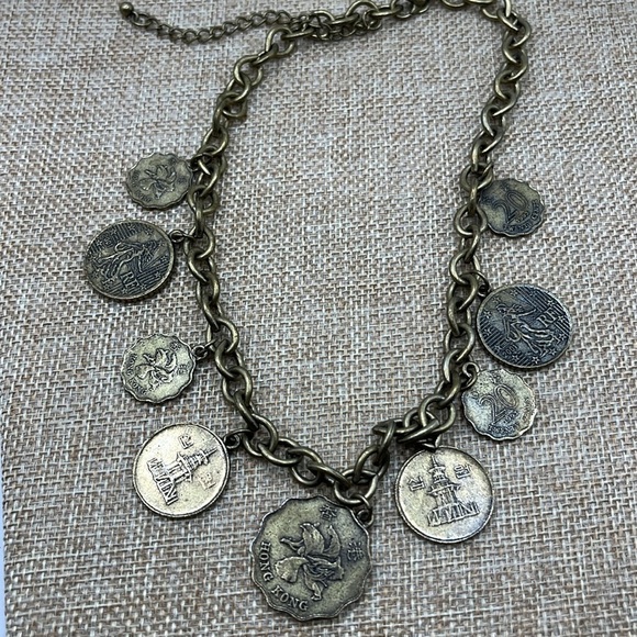 Coin Necklace by Vicky Jousan Antiqued Gold Tone Hong Kong Assorted Coins 
Large - Picture 7 of 13